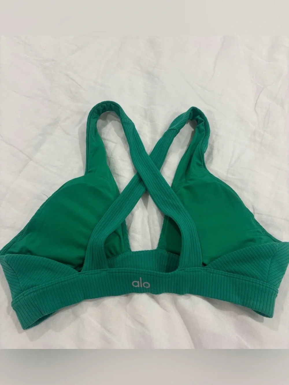 Alo Yoga Ribbed Blissful Set Green Teal 7/8 Leggings Sports Bra Athleisure